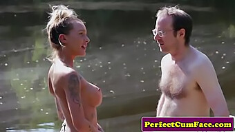 Busty Female Dominating Man Outdoors For Ejaculation