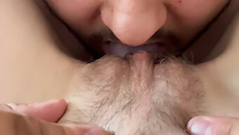 Intimate Moment Of Oral Pleasure With Girlfriend'S Shaved Pussy Close-Up